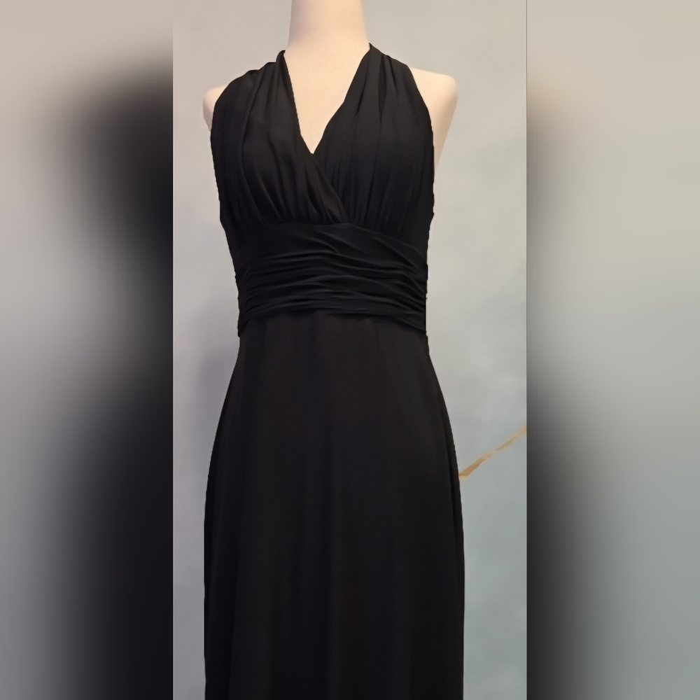 Evan Picone Ruched Black Halter Midi Stretchy Marilyn Dress S/M